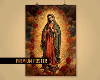 Impresión artística de la Virgen de Guadalupe - Señora de Guadalupe - Aparición de la Virgen María - Ícono católico tradicional mexicano - Póster de alta calidad