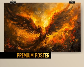 Rising phoenix in fire - Mythology artwork, mythological animal phoenix painting for Fantasy Lovers - Premium Poster