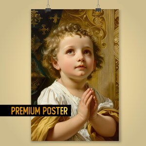 Póster de arte de un niño rezando: retrato de un niño angelical en estilo renacentista: póster de arte religioso antiguo para decoración devocional del hogar