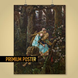 May include: A painting of a man and woman in a forest setting. The man is wearing a brown tunic and a hat, and the woman is wearing a blue dress. They are both looking at each other, and the woman is holding the man's arm. The background is a dark forest with trees and foliage.