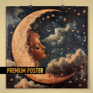 Esoteric Moon Fine-Art Giclée Print - Mystische Wandkunst mit Sternen, das perfekte Astronomie Geschenk für Träumer, Tarot Liebhaber & Schlafzimmer Dekor