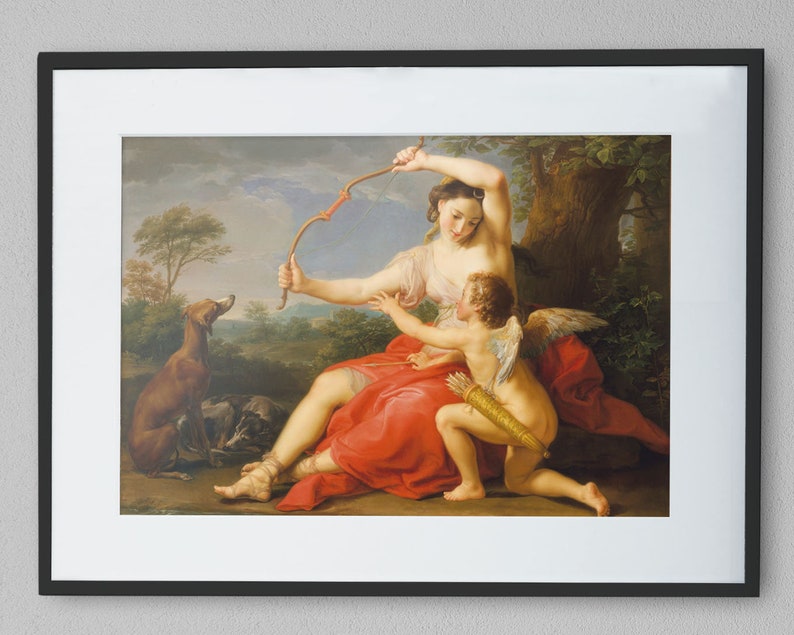 Artemis goddess and Cupid - 18th century rococo painting by Pompeo Batoni - greek mythology cherub for art lovers