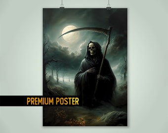 Grim Reaper Poster - Macabre Art - gothic digital painting - angel of death under full moon
