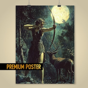 Artemis Goddess of the Hunt Art Poster – Moonlit Greek Goddess Wall Art - Greek Goddess Artemis Huntress for Mythology Enthusiasts
