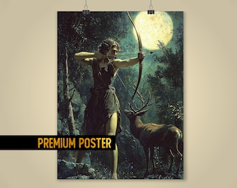 Artemis Goddess of the Hunt Art Poster – Moonlit Greek Goddess Wall Art - Greek Goddess Artemis Huntress for Mythology Enthusiasts
