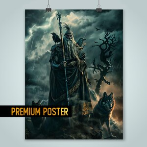 Viking God Odin Poster - Norse Mythology Art, Odin Portrait with Ravens and Wolves, Norse God Wall Decor - Norse Mythology Art, Viking Art