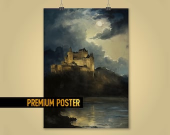 Póster de un castillo escocés embrujado bajo la luna llena - Arte paisajístico místico de las Tierras Altas - Decoración de pared de fantasía medieval - Impresión de fantasía de las Tierras Altas
