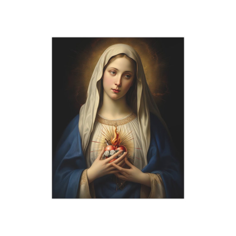 Immaculate heart of Mary Poster , Italian Renaissance Art , Virgin Mary sacred heart , heavenly Spiritual gift - HQ Satin Poster (300gsm)