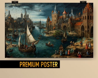 Medieval Town at Dusk - Gothic Romantic Poster Harbor Scene from middle ages