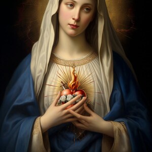 Immaculate heart of Mary Poster , Italian Renaissance Art , Virgin Mary sacred heart , heavenly Spiritual gift - HQ Satin Poster (300gsm)