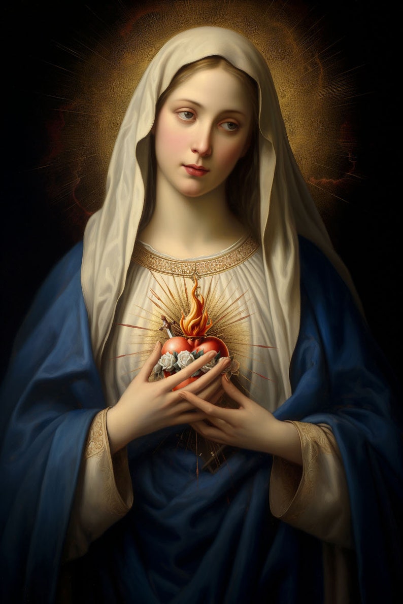 Immaculate heart of Mary Poster , Italian Renaissance Art , Virgin Mary sacred heart , heavenly Spiritual gift - HQ Satin Poster (300gsm)