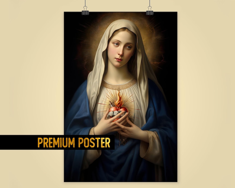 Immaculate heart of Mary Poster - Blessed virgin Italian Renaissance Art - Virgin Mary sacred heart - Protective Marian baroque portrait
