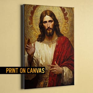 Byzantine Jesus Portrait Print on Canvas - Divine Religious Wall Art, Antique Christ Painting gift for catholics - Medieval orthodox Icon