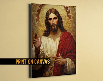 Byzantine Jesus Portrait Print on Canvas - Divine Religious Wall Art, Antique Christ Painting gift for catholics - Medieval orthodox Icon