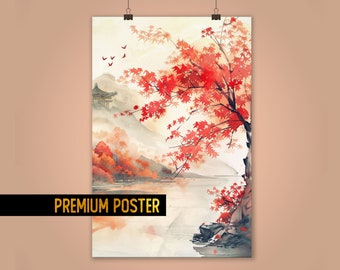 Póster de pintura de arce japonés - Impresión artística de paisaje de acuarela japonesa para el hogar y la oficina - Arte mural asiático para amantes de la naturaleza