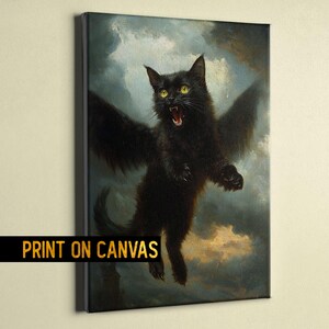 Mysterious Black Cat Angel Print on Canvas - Spooky Halloween Art for Gothic Decor - Stunning Dark Fantasy Painting for gothic Lovers