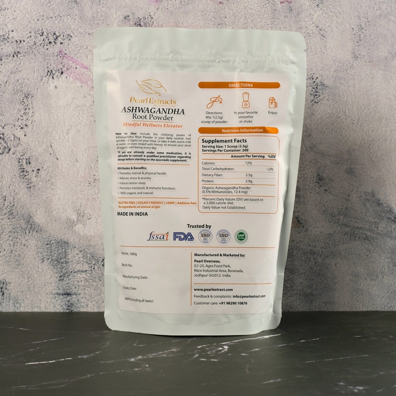 Organic Ashwagandha Root Powder, 100% Pure Withania Somnifera, Indian Ginseng, Fresh & High-Quality