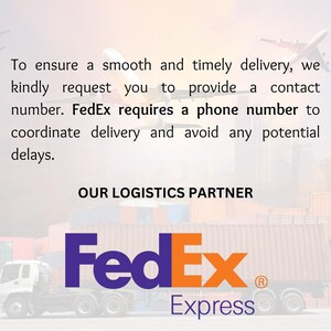 Pu&ograve; includere: Logo FedEx Express con il testo "OUR LOGISTICS PARTNER" sopra. Il logo &egrave; davanti a un'immagine sfocata di un camion e un aereo. Il testo sotto il logo dice "FedEx Express" con un simbolo di marchio registrato.