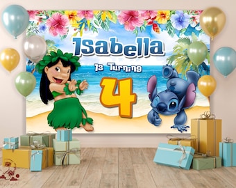 Telón de fondo de cumpleaños de Lilo Stitch, invitación de cumpleaños de Lilo Stitch, invitación de Lilo Stitch, fiesta de cumpleaños de Lilo Stitch, decoración de fiesta de Lilo Stitch