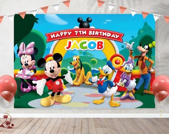 Fondo de cumpleaños de Mickey Mouse Clubhouse, pancarta de cumpleaños de Mickey Mouse Clubhouse, decoración de fiesta de Mickey Mouse Clubhouse, fiesta de cumpleaños de Mickey Mouse Clubhouse