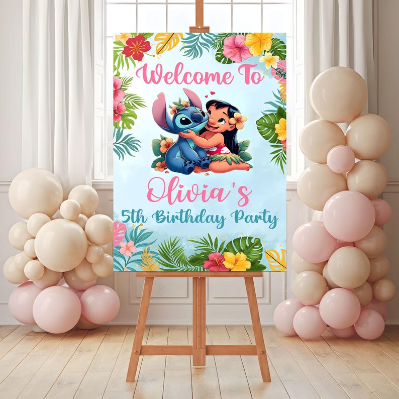 May include: A blue and purple Stitch and a girl with a flower in her hair are on a blue background with tropical leaves and flowers. The text says "Welcome to Olivia's 5th Birthday Party".