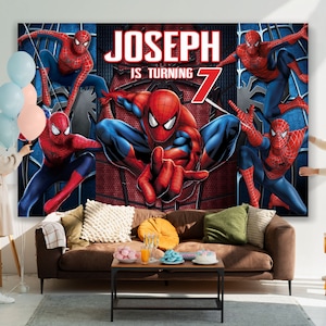 Może przedstawiać: Czerwono-niebieskie tło na przyjęcie urodzinowe z motywem Spidermana z tekstem "Joseph kończy 7 lat".
