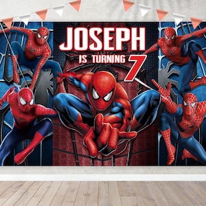 Może przedstawiać: Czerwono-niebiesko-czarne tło z postacią Spidermana i tekstem "Joseph kończy 7 lat".