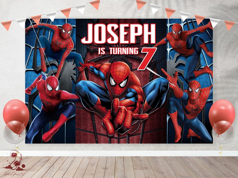 Może przedstawiać: Czerwono-niebiesko-czarne tło z postacią Spidermana i tekstem "Joseph kończy 7 lat".