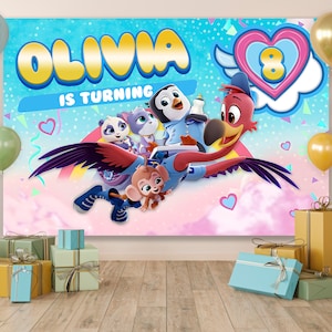 Puede incluir: Un telón de fondo de fiesta de cumpleaños colorido con un pájaro de dibujos animados con un corazón rosa y el número 8. El texto "Olivia is turning" está escrito en letras amarillas. El telón de fondo es perfecto para una fiesta de cumpleaños infantil.