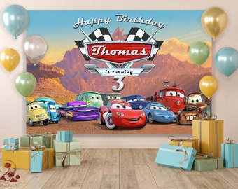 Telón de fondo de cumpleaños de coches, banner de cumpleaños de coches, decoración de cumpleaños de coches, fiesta de cumpleaños de coches, decoración de fiesta de coches, invitación de cumpleaños de coches