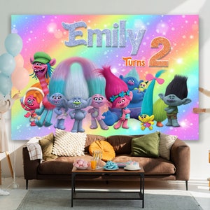 Tema de trolls de fondo de cumpleaños, telón de fondo de cumpleaños de Trolls, decoración de fiesta de Trolls, estandarte de cumpleaños de Trolls, fiesta de cumpleaños de Trolls, telón de fondo de Trolls