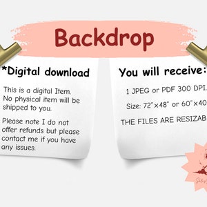 Puede incluir: Una descarga digital para una imagen de fondo. La imagen est&aacute; disponible en formato JPEG o PDF, con una resoluci&oacute;n de 300 DPI. La imagen mide 72 pulgadas por 48 pulgadas o 60 pulgadas por 40 pulgadas y es redimensionable. El texto en la imagen dice "*Descarga digital" y "Recibir&aacute;s:"