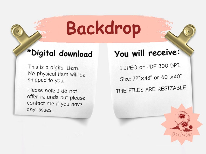 Puede incluir: Una descarga digital para una imagen de fondo. La imagen est&aacute; disponible en formato JPEG o PDF, con una resoluci&oacute;n de 300 DPI. La imagen mide 72 pulgadas por 48 pulgadas o 60 pulgadas por 40 pulgadas y es redimensionable. El texto en la imagen dice "*Descarga digital" y "Recibir&aacute;s:"