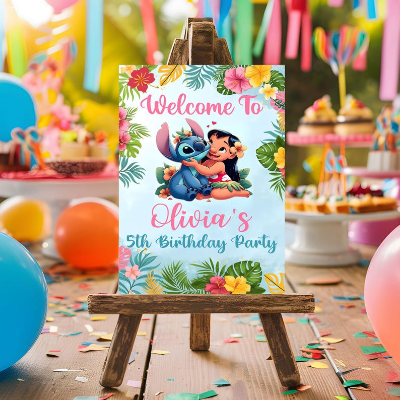 May include: A blue and pink welcome sign with a cartoon image of Stitch and Lilo. The sign says "Welcome to Olivia's 5th Birthday Party".