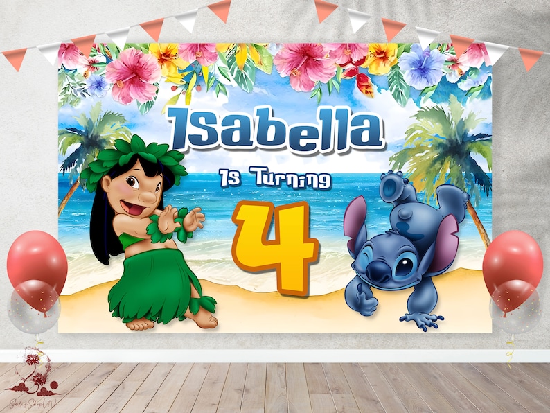 Puede incluir: Un banner de cumplea&ntilde;os colorido con un tema tropical. Presenta un oc&eacute;ano azul, palmeras, flores y dos personajes de dibujos animados. El banner dice "Isabella cumple 4 a&ntilde;os".