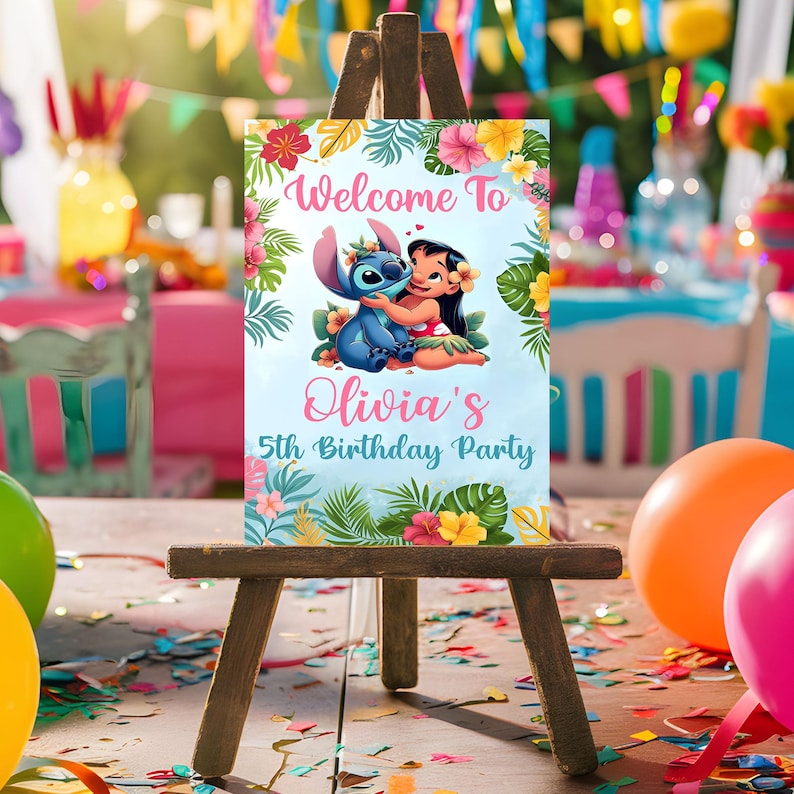 May include: A blue and purple cartoon character with a pink flower in its hair is hugging a blue alien character. The sign says "Welcome to Olivia's 5th Birthday Party".