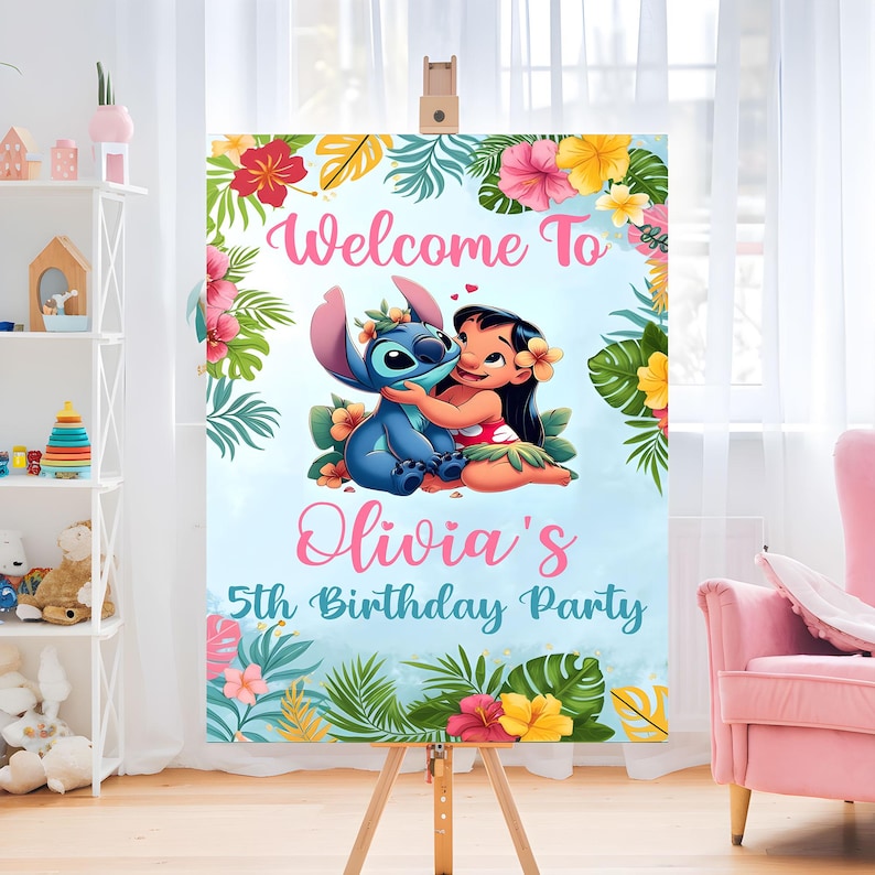 May include: A blue and white cartoon character, Stitch, is hugging a girl with pink hair and a flower crown. The background is a blue sky with tropical flowers and leaves. The text says "Welcome to Olivia's 5th Birthday Party".