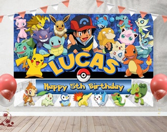 Telón de fondo de cumpleaños de Pokémon, fiesta de cumpleaños de Pokémon, decoración de fiesta de Pokémon, estandarte de cumpleaños de Pokémon, decoración de fiesta de Pokémon, telón de fondo de Pokémon