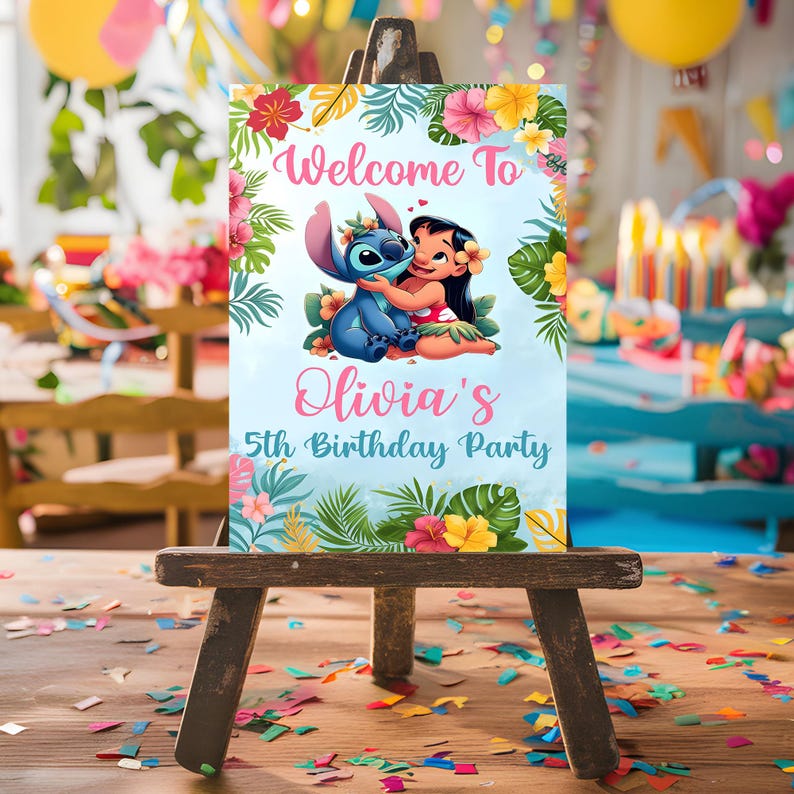 May include: A blue and pink welcome sign with a cartoon Stitch and Lilo from Disney's Lilo & Stitch. The sign says "Welcome to Olivia's 5th Birthday Party".