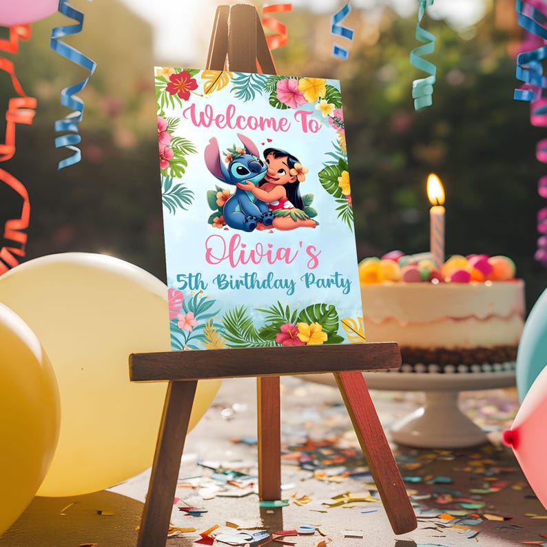 May include: A blue and pink welcome sign with a cartoon Stitch and a girl character. The sign says "Welcome to Olivia's 5th Birthday Party".