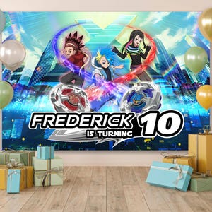 May include: A birthday party backdrop featuring animated characters and spinning tops. The banner reads "FREDERICK 10 IS TURNING" in bold white letters. Balloons in various colors and wrapped gifts complete the festive scene.
