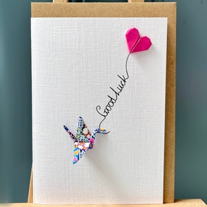Carte porte-bonheur faite main - Origami grue bleu et violet floral papier Yuzen japonais ballon coeur rose personnalisable A6