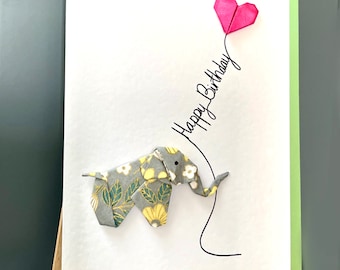 Handmade Greetings Card Origami Elephant grey, yellow flowers and pink heart balloon 'Happy Birthday'