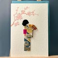 Handmade card origami Japanese kimono Geisha and fan Yuzen Washi Teal paper, kyoto design for Birthdays, Anniversary and special occasions