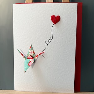 Handmade Greetings Card Origami crane & red mulberry heart balloon 'Love' Japanese Yuzen paper Customisable A6 for someone special