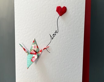 Handmade Greetings Card Origami crane & red mulberry heart balloon 'Love' Japanese Yuzen paper Customisable A6 for someone special