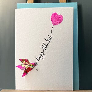 Happy Valentine's Day Card handgemachte Origami Taube und Herz Ballon fuchsia aus japanischem Yuzen Papier