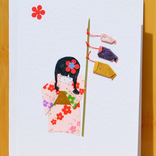 Handmade origami greeting card – Japanese girl and Koinoburi 3 carp kite