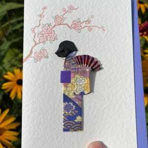 Handgemachte Karte Origami Japanischer Kimono Geisha und Fächer Yuzen Washi lila Papier, Kyoto Design für Geburtstage, Jubiläum und besondere Anlässe