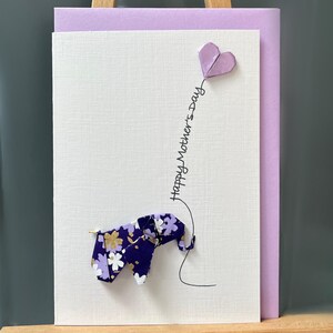 Handgemachte Muttertags Karte Origami Elefant tief violette Blumen & flieder Herz Luftballon Japanisches Chiyogami Papier für Tierliebhaber Kawaii A6